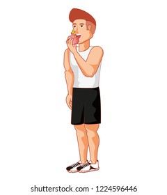young athletic man eating apple