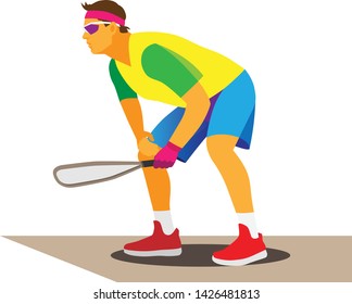 young athletic man in glasses and a yellow t-shirt is a racquetball player on the court