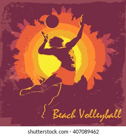 Young athletic man serving an overhead ball in beach volleyball. Dynamic pose. Silhouette. Vintage design. EPS10 vector illustration.