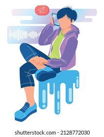 A young athletic man is sitting and talking on the phone, listening to an audio message or listening to music.