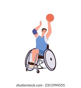 Young athletic man sitting in wheelchair playing basketball taking part in game match competition