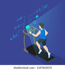 Young athletic man training on a treadmill. Active lifestyle and fitness. Speed runner or jogger on the machine. Vector isometric illustration