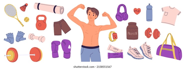 Young athletic man and various gym equipment. Barbell, dumbbell, workout bag, sneakers. Workout stuff bundle. Isolated flat vector illustration.