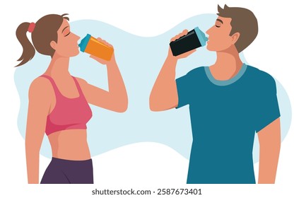 Young athletic man and woman engaged in healthy lifestyle during morning warm-up and workout on roof of modern building. Athletic sporty man and fit woman drinking water after jogging outdoors. vector