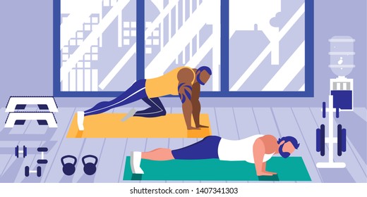 young athletic men doing chest push ups in gym