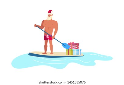 Young athletic Santa Claus brings gifts to children all over the world concept. Christmas at the tropical sea resort.  Flat Art Vector illustration