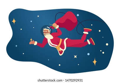 Young athletic Santa Claus brings gifts to children all over the world concept. Christmas is everywhere. Flat Art Vector illustration