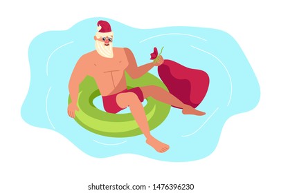 Young athletic Santa Claus brings gifts to children all over the world concept. Christmas at the tropical sea resort.  Flat Art Vector illustration