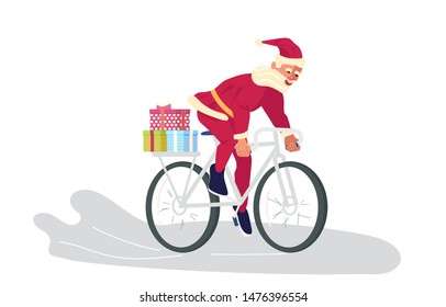 Young athletic Santa Claus brings gifts to children all over the world concept. Christmas is everywhere. Flat Art Vector illustration