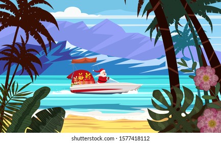 Young athletic Santa Claus brings gifts to children all over the world concept. Christmas at the tropical sea resort. Flat Art Vector illustration