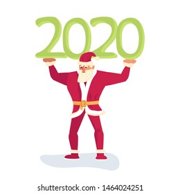 Young athletic Santa Claus keeps over 2020. Christmas is everywhere. Flat Art Vector illustration
