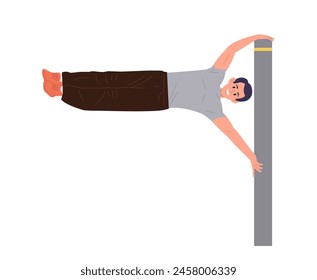 Young athletic sportsman cartoon character doing human flag calisthenics exercise hanging on bar