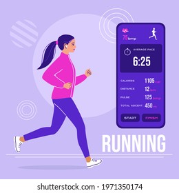 Young athletic woman is jogging using a workout app on a smartphone. Healthy active lifestyle concept with online cardio training program. Girl runs in a sports uniform. Flat vector illustration