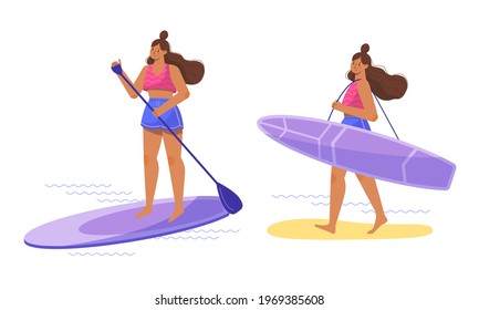 Young athletic woman with a paddle board, set of different poses. Active summer outdoors, healthy lifestyle and sports. Vector cartoon flat illustration on white background