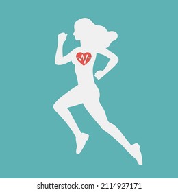 Young athletic woman performs cardio exercises by running marathon. Female cardio workout. Health body with hearth rate. Vector illustration in flat cartoon style.