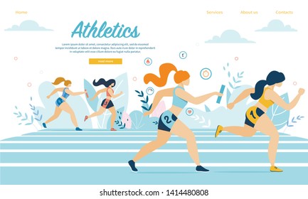 Young Athletics Sportswomen Take Part in Relay Race Running on Stadium with Sticks. Sport Jogging Tournament, Activity, Healthy Lifestyle, Summer Competition. Cartoon Flat Vector Illustration, Banner