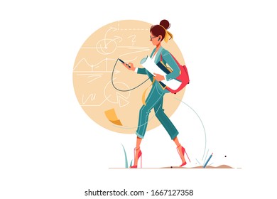 Young attraction businesswoman going to work thinking about business diagram and graphs. Isolated concept confident woman character using smartphone holding work equipment. Vector illustration.