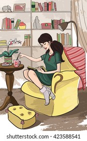 Young attractive beautiful long-haired tall girl in a dress woman housewife resting, reading a book, drinking tea, sitting in comfortable and well-furnished home library, sitting on the soft big chair