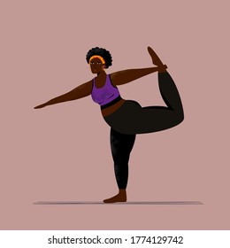 Young attractive black woman practicing yoga at home, working out wearing sportswear. Flat vector illustration