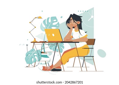 Young attractive boring woman waiting message at laptop in home office. Concept girl employee character working at workspace using computer and mobile device for report. Vector illustration.