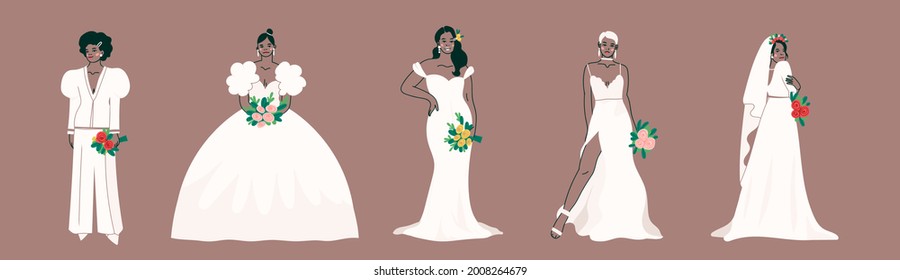 Jóvenes novias con ramos. Vista completa de señoras elegantes posando con flores de boda. Moderna apariencia de novia. Mujeres de pie con vestido de novia blanco. Ilustraciones de Vector de moda dibujadas a mano