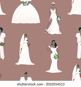 Young attractive Brides with bouquets. Full length view of elegant ladies posing with wedding flowers. Modern bridal look. Women standing in wedding dresses. Hand drawn trendy Vector seamless Pattern