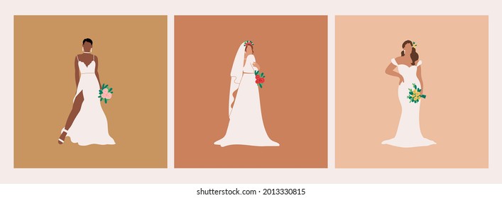 Jóvenes novias con ramos. Vista completa de señoras elegantes posando con flores de boda. Moderna apariencia de novia