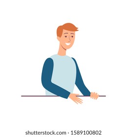 Young attractive brown haired man and a guy looking out of the window from behind and smiling. Isolated vector illustration in flat cartoon style.