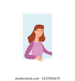 Young attractive brown haired woman smiles and looks out of the window from behind. Blue rectangle on white background, isolated vector illustration in flat cartoon style.