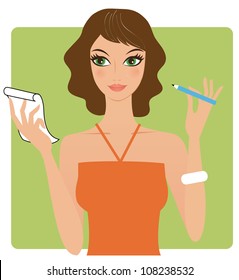 Young attractive brunette woman writing down notes