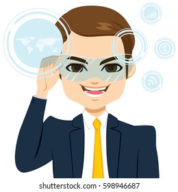 Young attractive businessman using virtual reality glasses