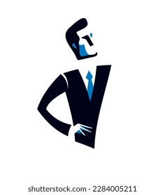 Joven logotipo vectorial o ícono de empresario atractivo aislado en el símbolo blanco de hombre de negocios.