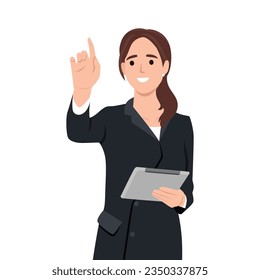 Young attractive businesswoman wearing formal suit is standing, holding tablet and touching air. Concept of contemporary successful business people. Flat vector