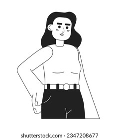 Young attractive caucasian woman monochromatic flat vector character. Editable thin line half body lady with long brunette hair on white. Simple bw cartoon spot image for web graphic design