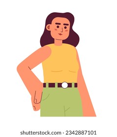 Young attractive caucasian woman semi flat color vector character. Editable half body lady with long brunette hair on white. Simple cartoon spot illustration for web graphic design