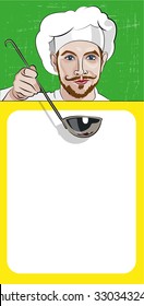 Young attractive chef offers to get acquainted with the menu and a cafe.Pop Art  Vector Illustration