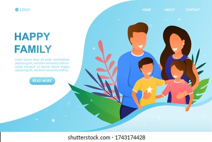 Young Attractive Couple with children concept. Parents hug children. Beautiful family. Happy childhood and parenthood. Joyful little Kids. Suitable for landing and web design. Flat Vector Illustration