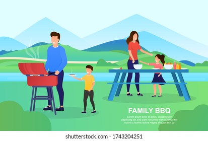 Young attractive couple with children making a BBQ outdoor. The father teaches his son to cook meat. Mother shows daughter how to cut vegetables. Happy Family days Lifestyle. Flat Vector Illustration