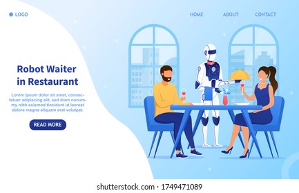 Young attractive couple on a date in a futuristic restaurant. The robot waiter serves visitors in the automatic restaurant. Android offers a menu Lovers drink wine. Automatic service in the restaurant