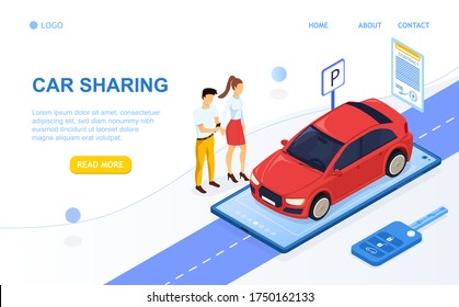 A young attractive couple uses a car sharing service for city transportation. A man and a woman are waiting for a sharing vehicle. Mobile car sharing application. 3d Isometric Vector Illustration