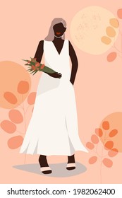 A young attractive dark-skinned woman in a summer dress with a bouquet of flowers in her hand and a fashionable bag. Contemporary minimalistic abstract art portrait. Vector graphics.