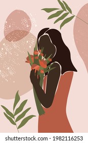 A young attractive dark-skinned woman in a summer dress with a bouquet of flowers in her hand. Contemporary minimalistic abstract art portrait. Vector graphics.