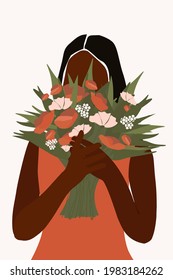 A young attractive dark-skinned woman in a summer dress with a bouquet of flowers in her hand covers her face with them. Contemporary minimalistic abstract art portrait. Vector graphics.