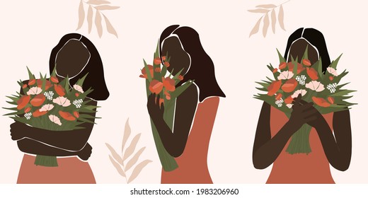A young attractive dark-skinned woman in a summer dress with a bouquet of flowers in her hand covers her face with them. Contemporary minimalistic abstract art portrait. Vector graphics.