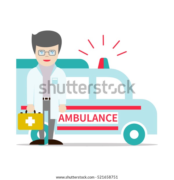 Young
attractive doctor in glasses holding first aid kit and the
ambulance car. Vector cartoon character isolated on white. Concept
for urgent help, emergency, paramedic
occupation.
