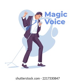 Young attractive expressive singer dressed in a suit. Rockabilly, jazz, blues, rock and roll, classical music. Music concerts and shows. Flat vector illustration