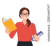 Young attractive in eyeglasses woman holding books. Flat vector illustration isolated on white background