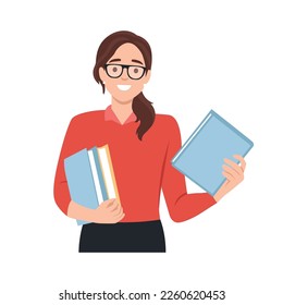 Young attractive in eyeglasses woman holding books. Flat vector illustration isolated on white background