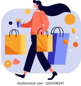 Young attractive fashion woman holding bags of clothes after shopping. Isolated conceptual girl character with perfect style. Vector illustration.