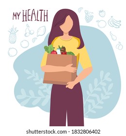 Young attractive fashionable woman holding packages with foods. Isolated concept girl character with flat style. Vector illustration, concept healthy food, vegetables fruits, for healthy lifestyle